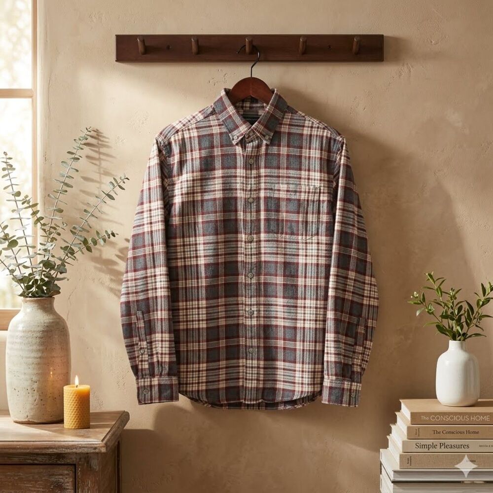Eddie Bauer Flannel Shirt Mens M Red Cream Gray Plaid Cotton Classic Fit